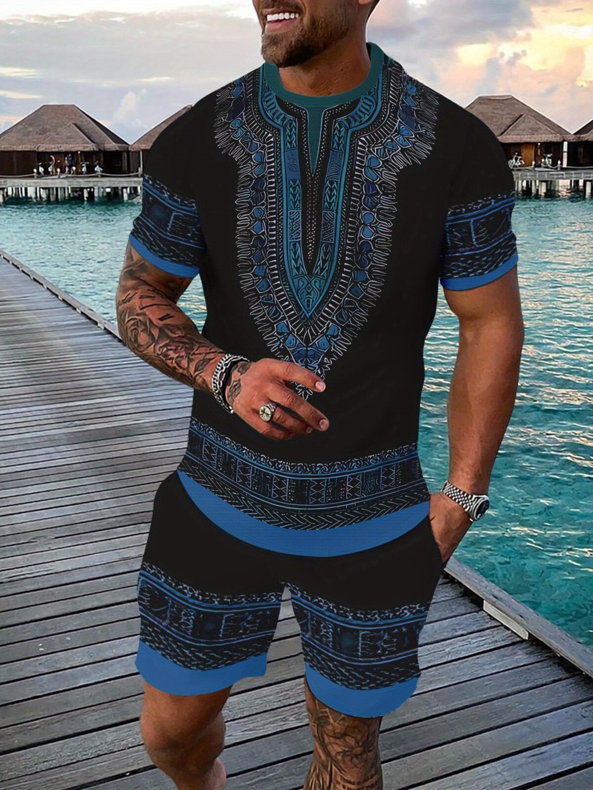 Coastal Escape Mens Summer Set Premium polyester two piece outfit in a stylish modern design perfect for summer Model showcases the sets comfort and fit