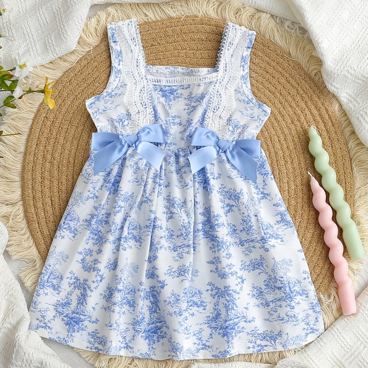 Model wearing a charming Provence Summer Bow Dress in a field of flowers The dress features a flattering silhouette and a cute bow