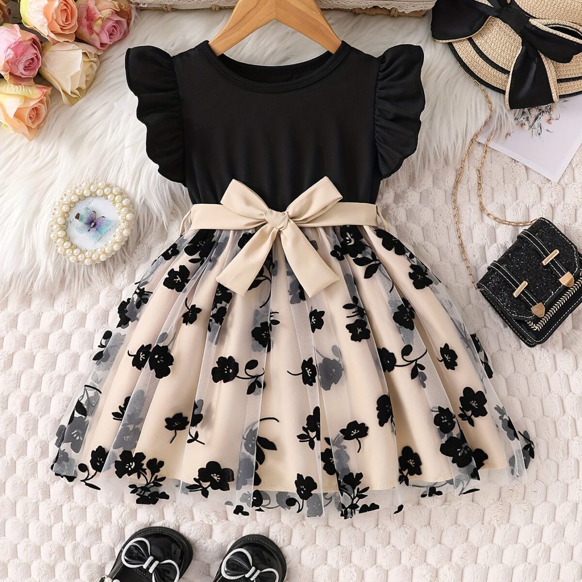 Adorable little girl twirling in a beautiful summer floral mesh dress from Newness The dress is lightweight and perfect for warm weather