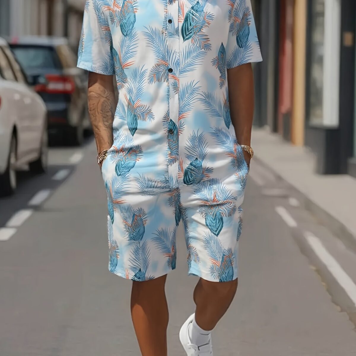 Stylish Riviera Palm Print Set Two piece outfit with vibrant palm print perfect for summer Model showcases the set