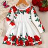 Adorable baby girl wearing a rose garden print dress perfect for fall and winter