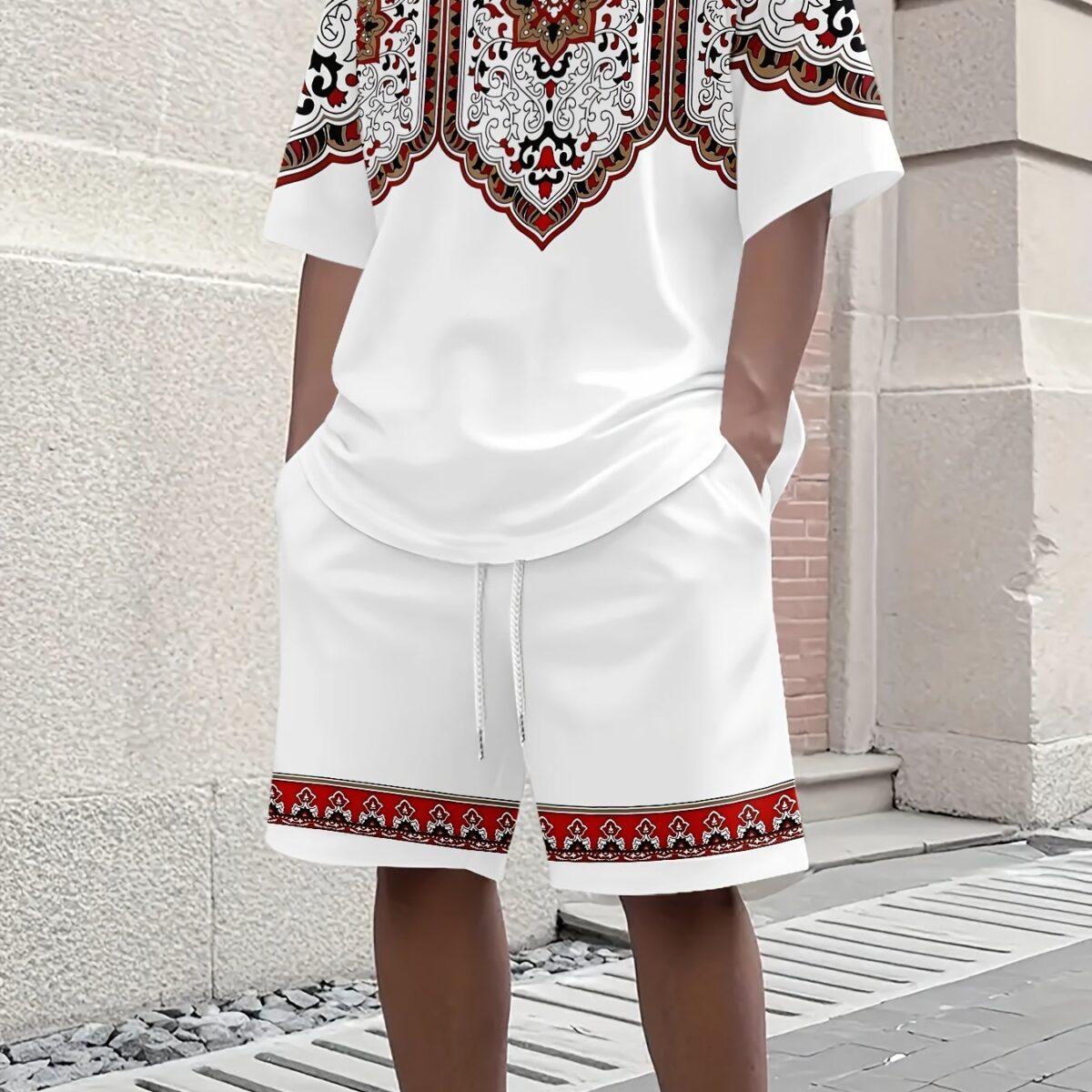 Model wearing Newness Dubai Nights Mens Print Set a stylish lightweight polyester outfit perfect for summer