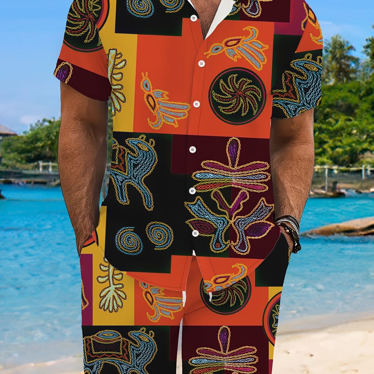 The Newness Riviera Escape Printed Summer Set A stylish and comfortable summer outfit perfect for both beach days and city nights The model is wearing the matching top and bottom showcasing the vibrant print