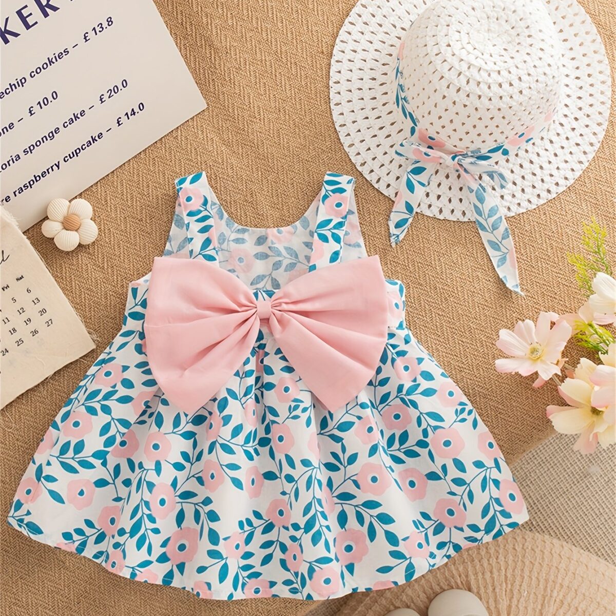 Adorable girl wearing a beautiful floral print summer dress perfect for a beach party