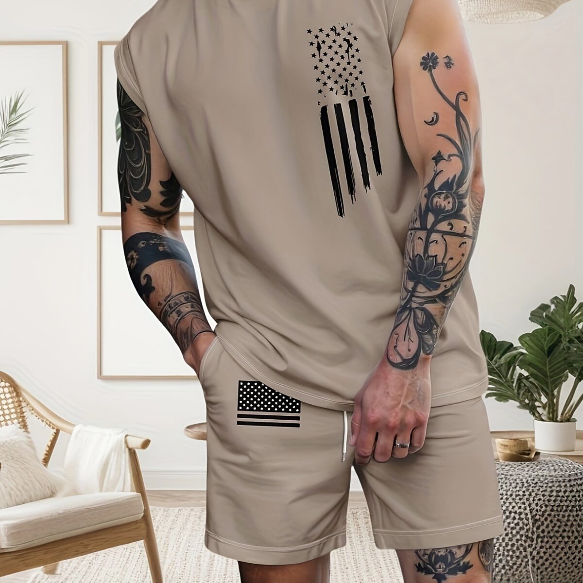 Stylish mens summer suit featuring a sleeveless vest and shorts in a distressed American flag print Perfect for training or casual wear