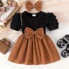 Adorable summer girls pinstripe bow dress set from Newness Two piece outfit perfect for playtime Features a stylish pinstripe pattern and a cute bow detail